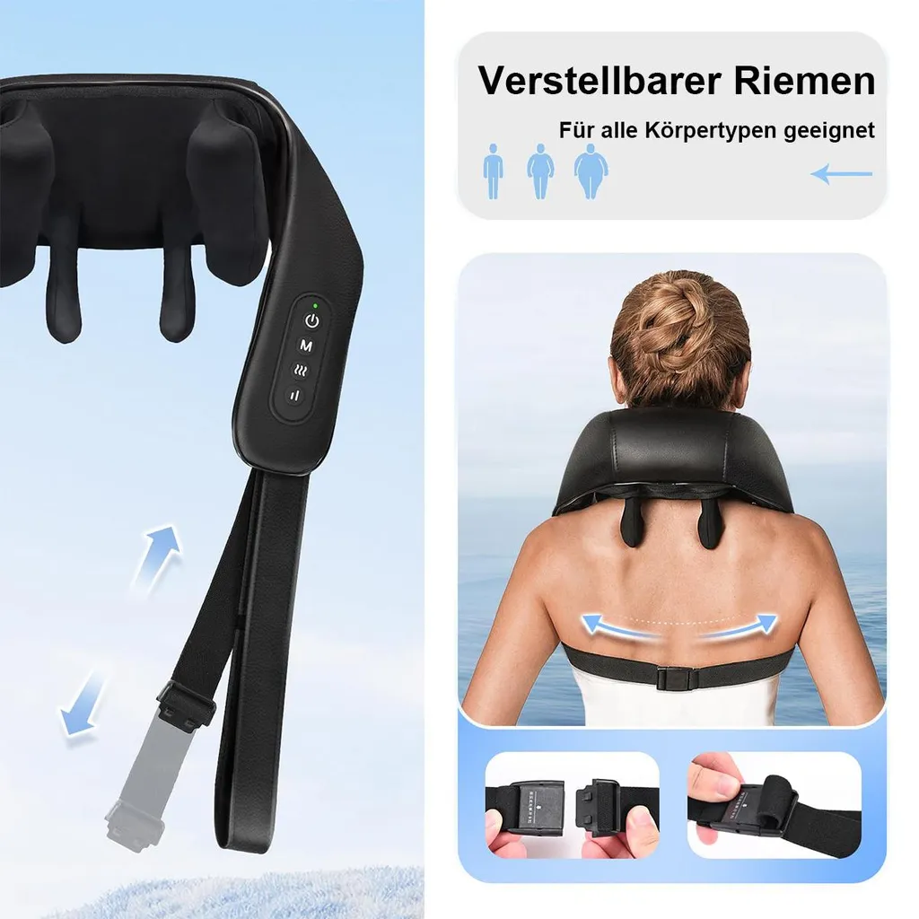 Schwarzer Nackenmassagegerät mit verstellbarem Riemen, für alle Körpertypen geeignet.