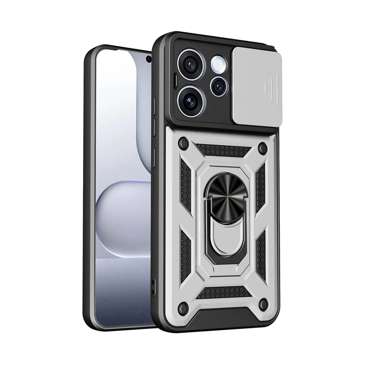 Een robuust telefoonhoesje met camerabeschermer en ringhouder.