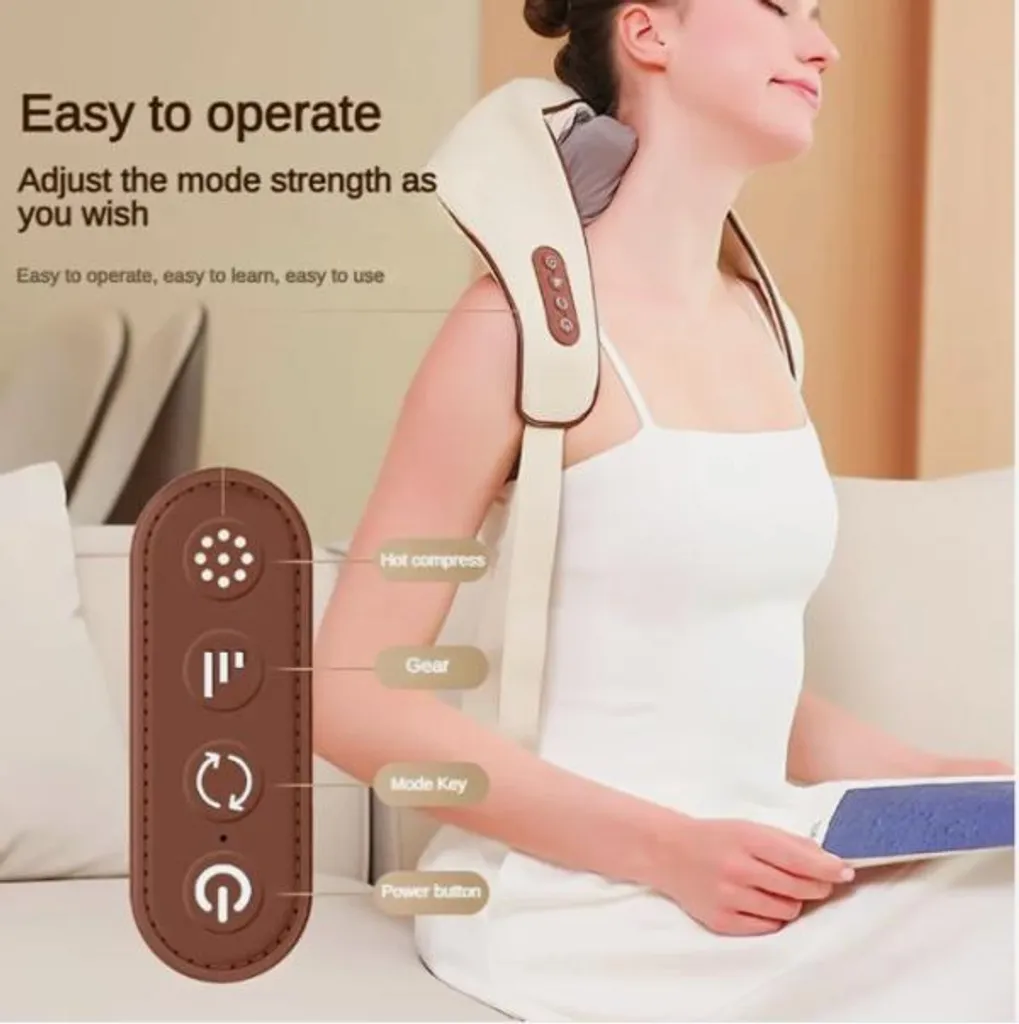 Frau mit Nackenmassagegerät, Bedienelemente mit Hot Compress, Gang, Modus, Power-Taste.