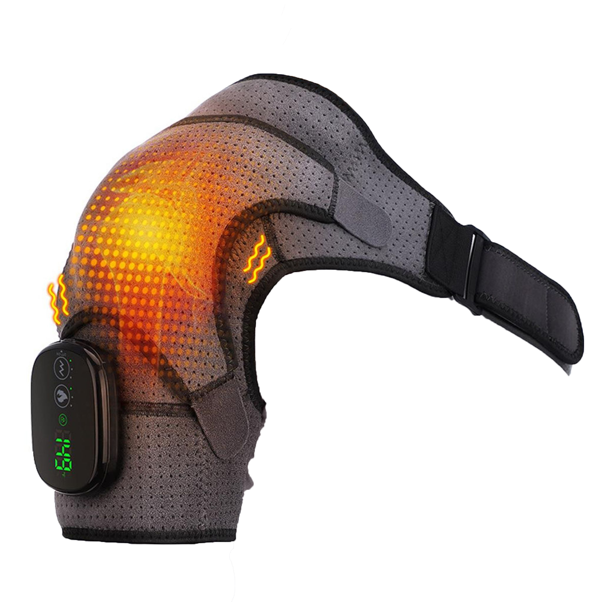 Grauer Knie-Wärmer mit Heizfunktion und digitaler Anzeige.