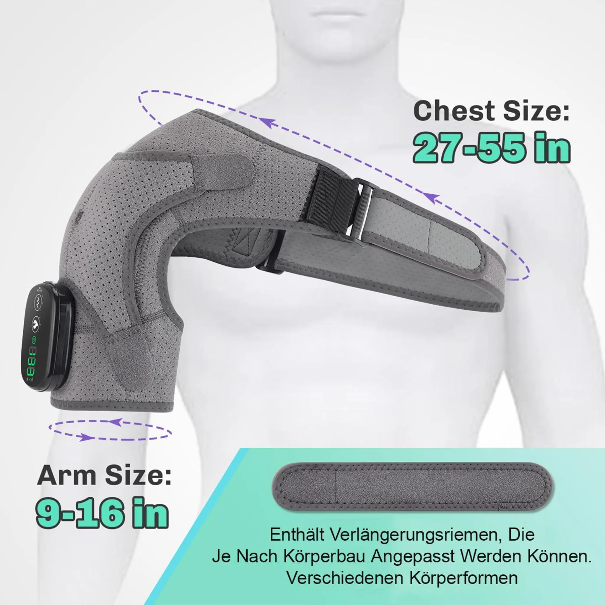 Grauer Schulter-Stützapparat mit Heilmodul. Größen: Brust 27-55 Zoll, Arm 9-16 Zoll.