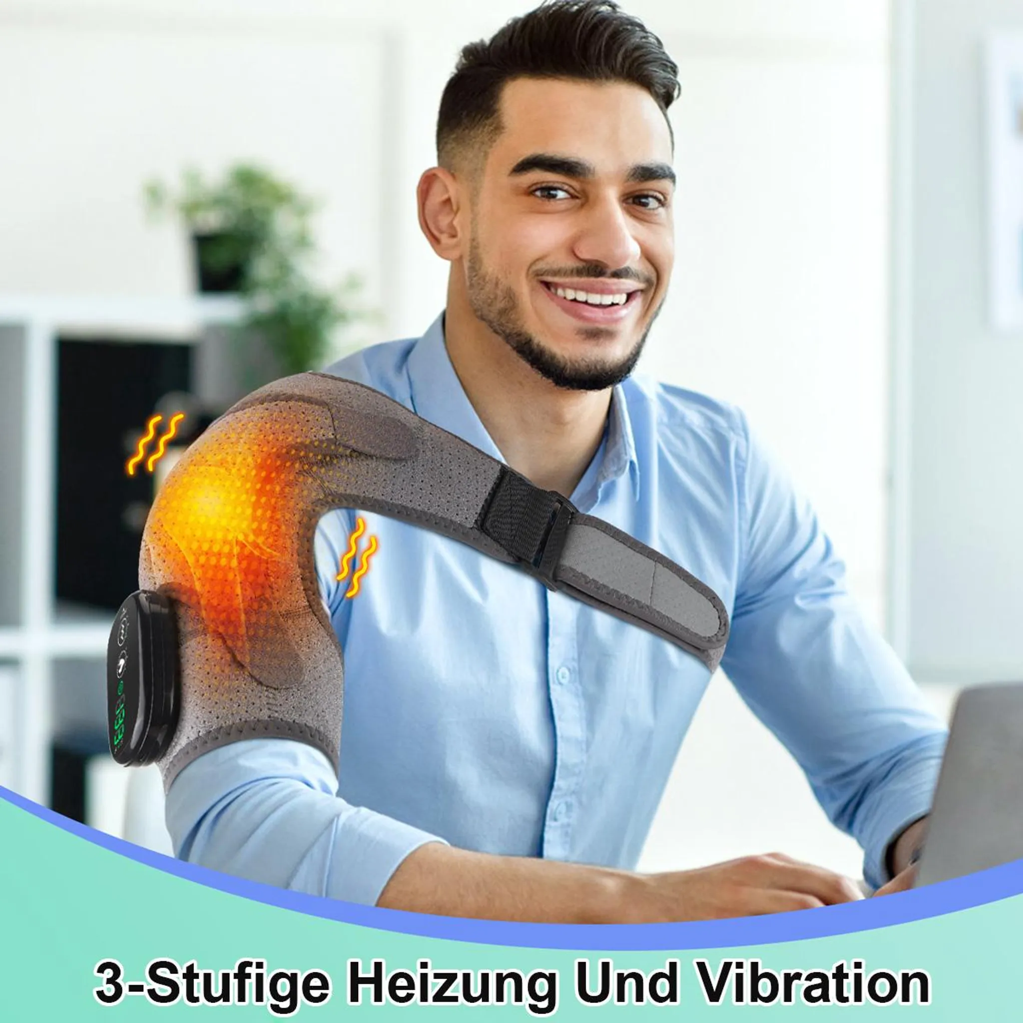Mann mit Heiz- und Vibrations-Schulterstütze, der an einem Laptop arbeitet.