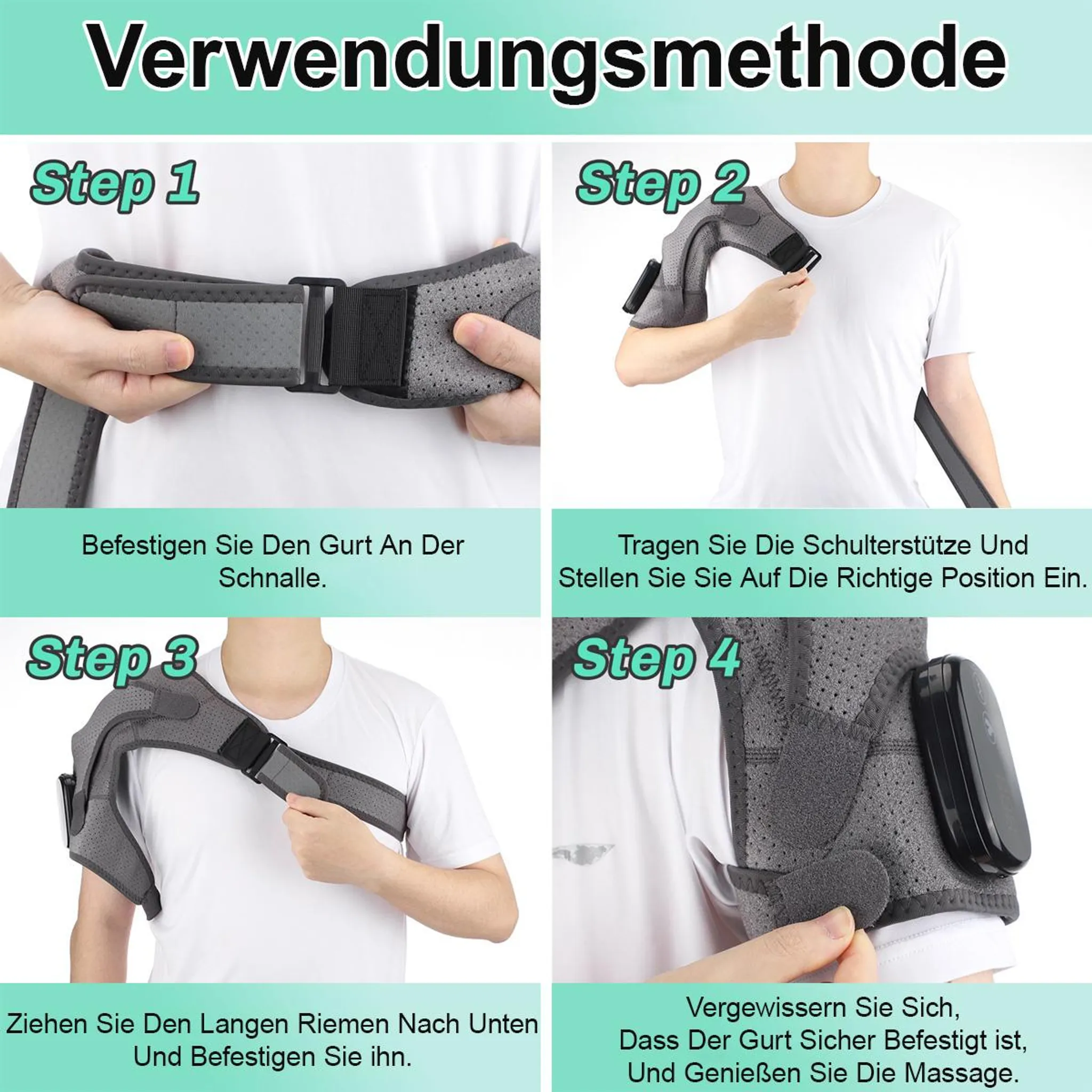 Anleitung zur Verwendung einer Schulterstütze in vier Schritten mit Fokus auf Befestigung und Positionierung.