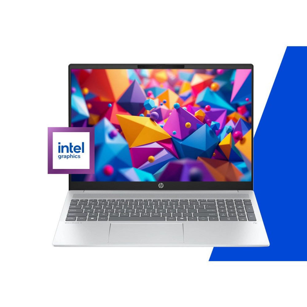 Srebrny laptop z logo Intel Graphics i kolorowym, abstrakcyjnym tłem na ekranie.