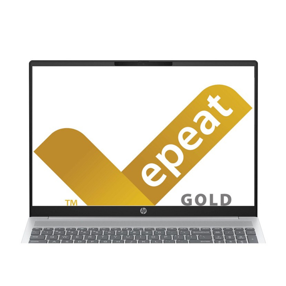 Srebrny laptop wyświetla logo EPEAT Gold na ekranie.