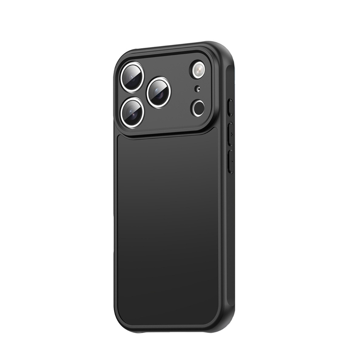 Custodia nera per telefono con ritaglio tripla fotocamera e pulsanti laterali.