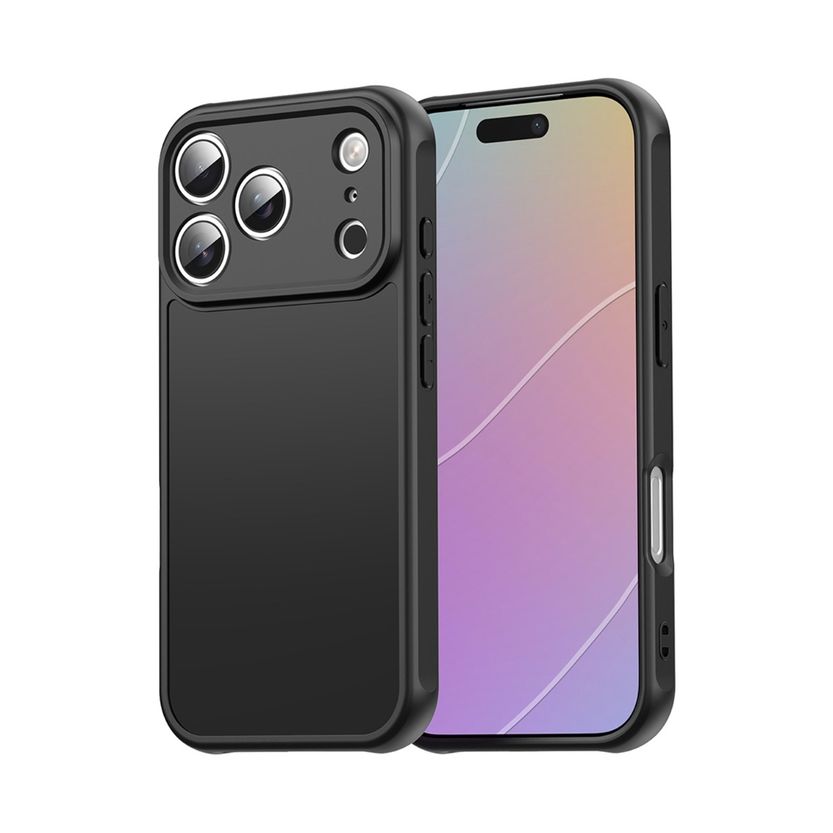 Telefono nero con tre fotocamere e schermo colorato, su sfondo bianco.