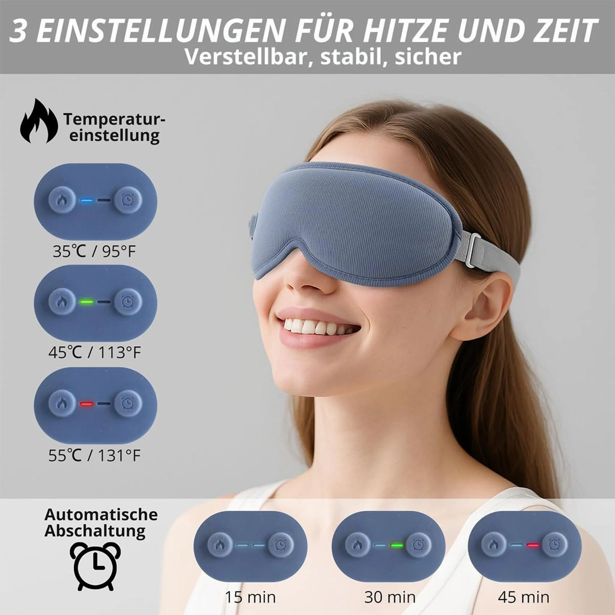 Eine Frau trägt eine blaue Schlafmaske. Links sind Temperatureinstellungen und Timer-Optionen.