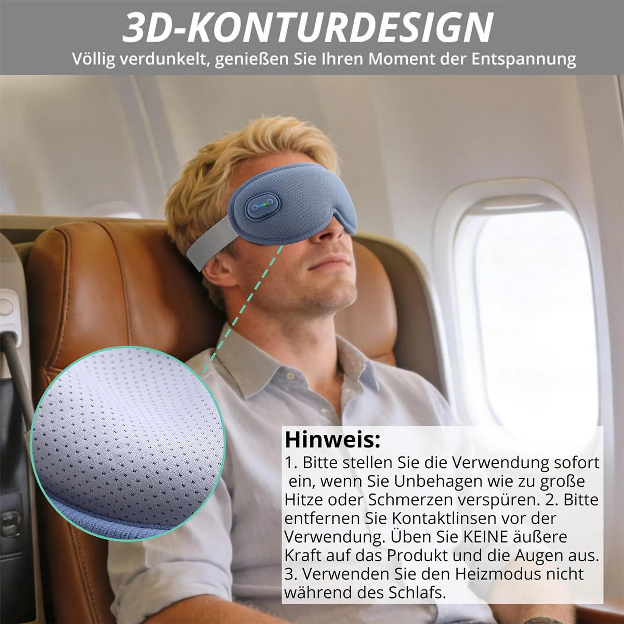 Mann im Flugzeug trägt eine blaue 3D-Augenmaske, die für Entspannung sorgt.