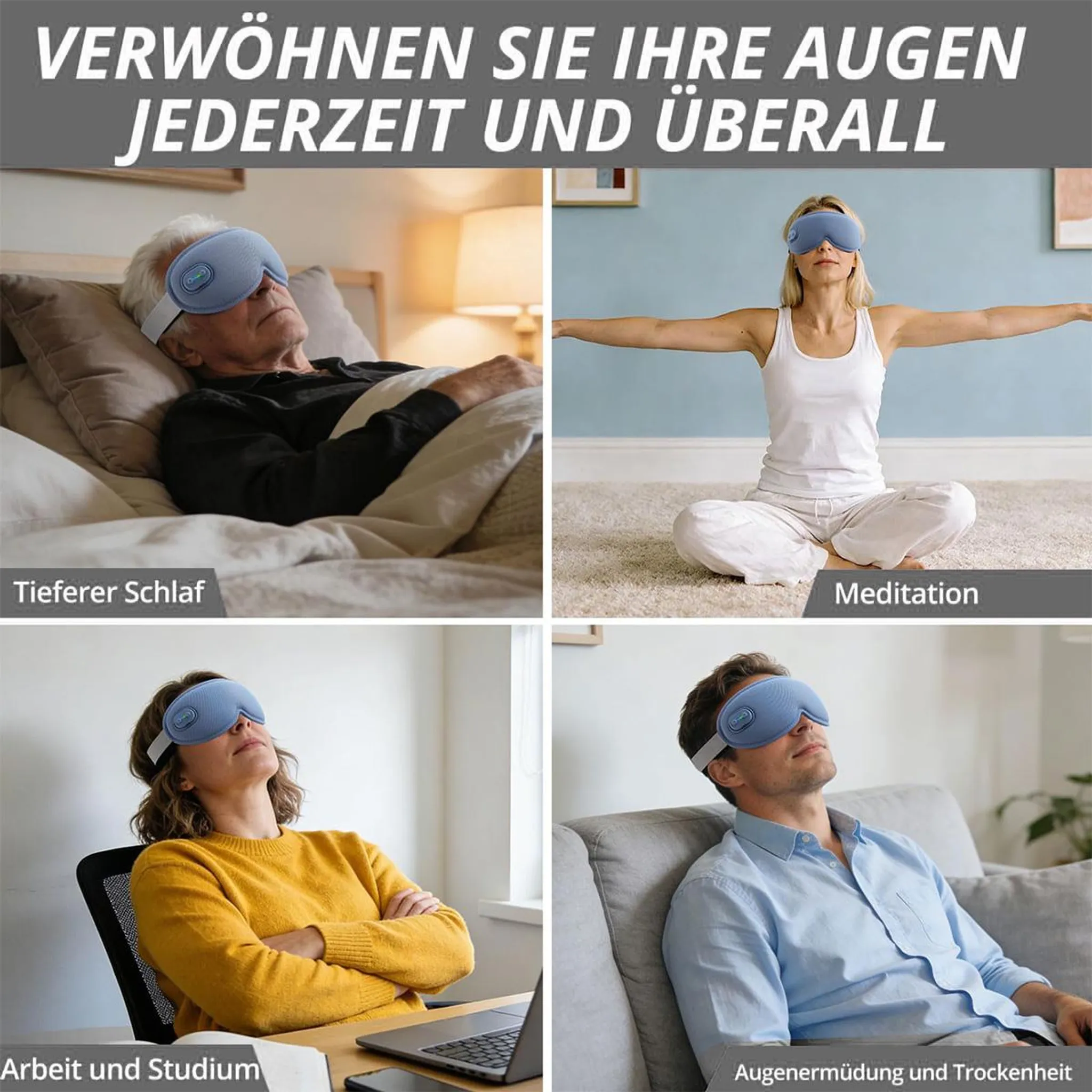 Vier Szenen: Mann im Bett, Frau in Meditation, Frau am Laptop, Mann auf Sofa.
