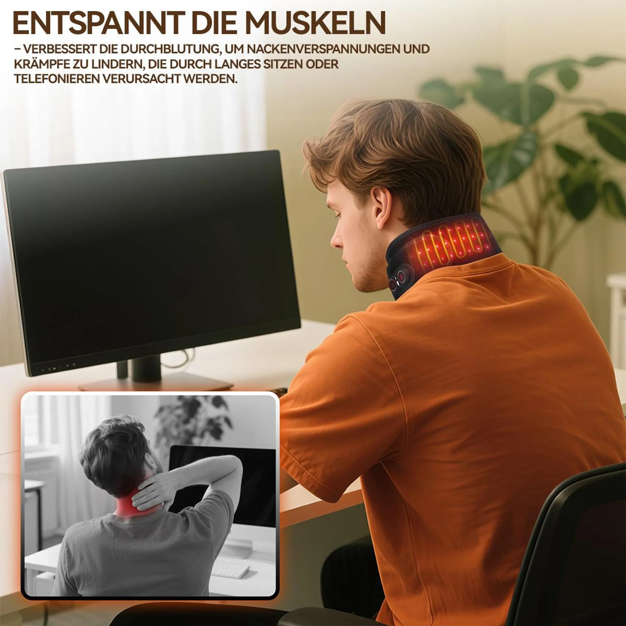 Mann mit Nackenmassagegerät sitzt am Schreibtisch, im kleinen Bild Nackenschmerzen.