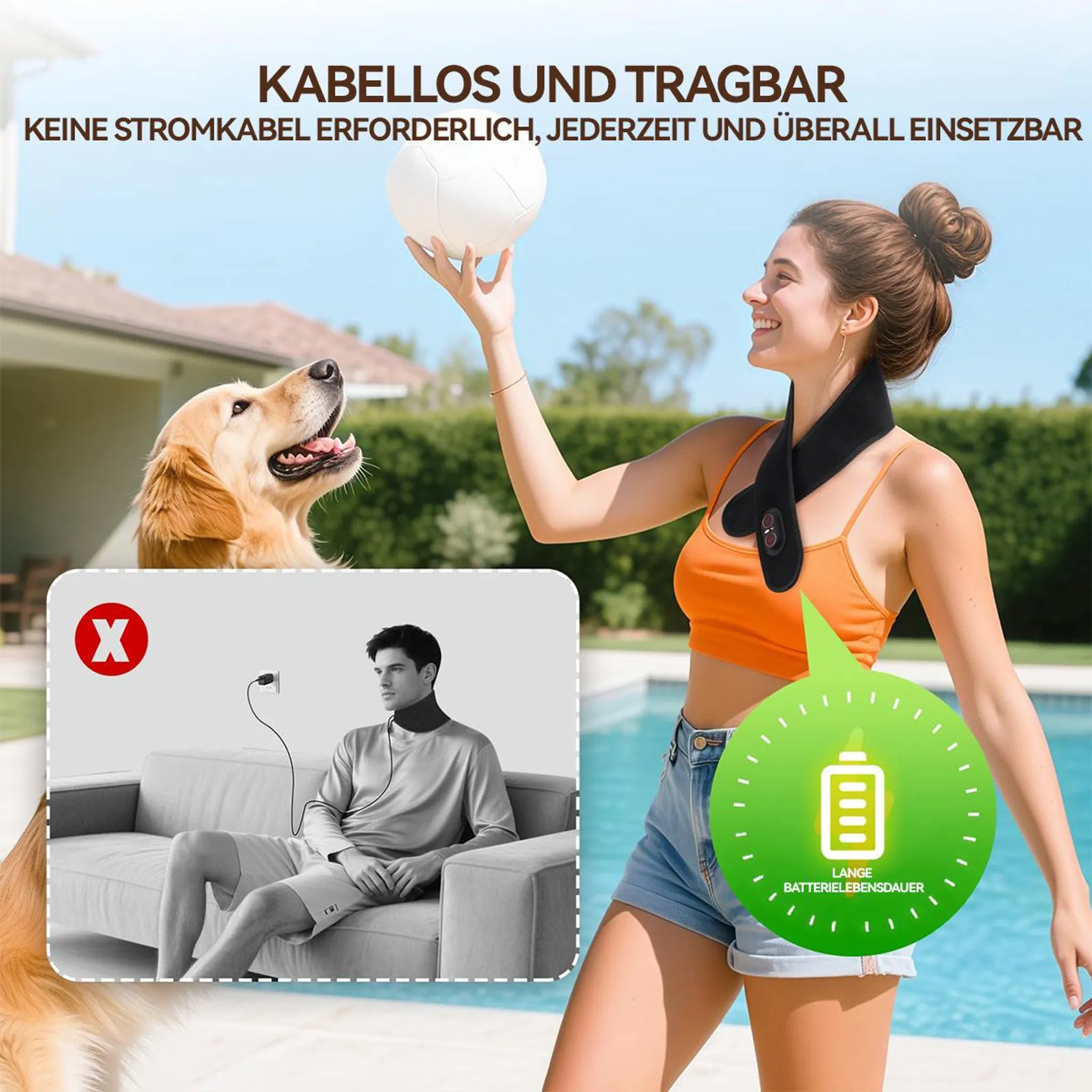 Frau mit Nackenmassagegerät und Hund, Mann sitzt auf Sofa mit Ladekabel.