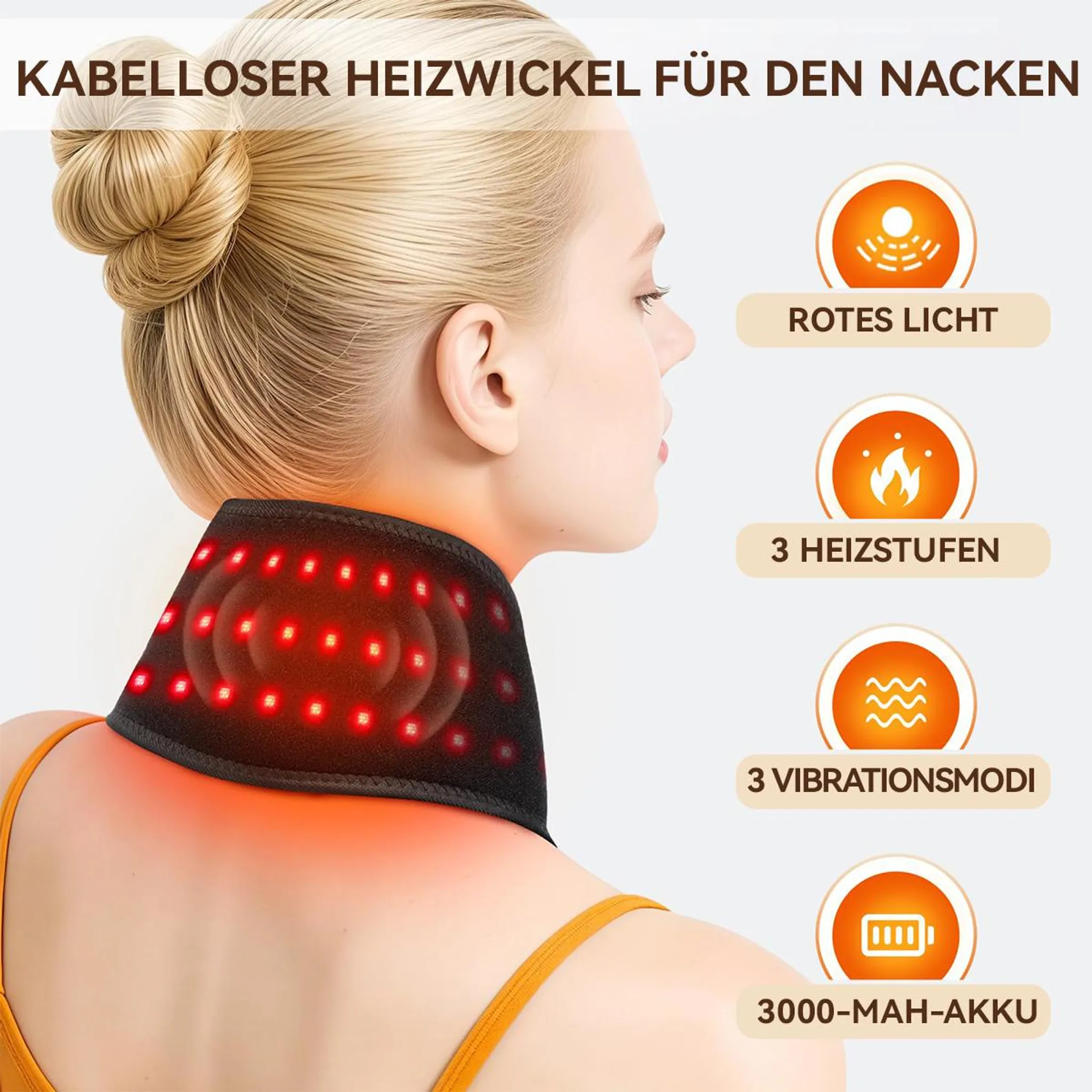 Frau mit Nackenheizung mit roten Lichtern, 3 Heizstufen, 3 Vibrationsmodi, 3000 mAh Akku.
