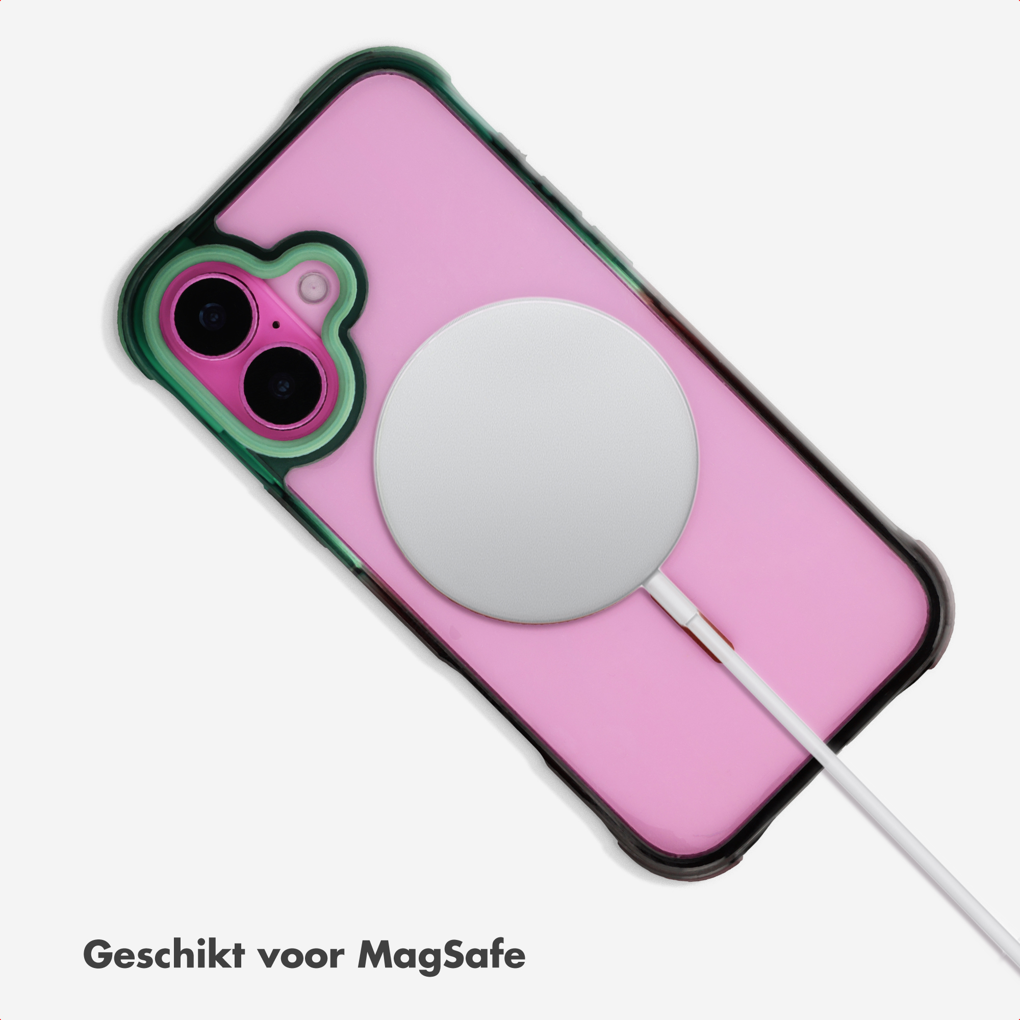 Rückseite eines rosa iPhones mit MagSafe-Ladegerät und weißem Kabel.