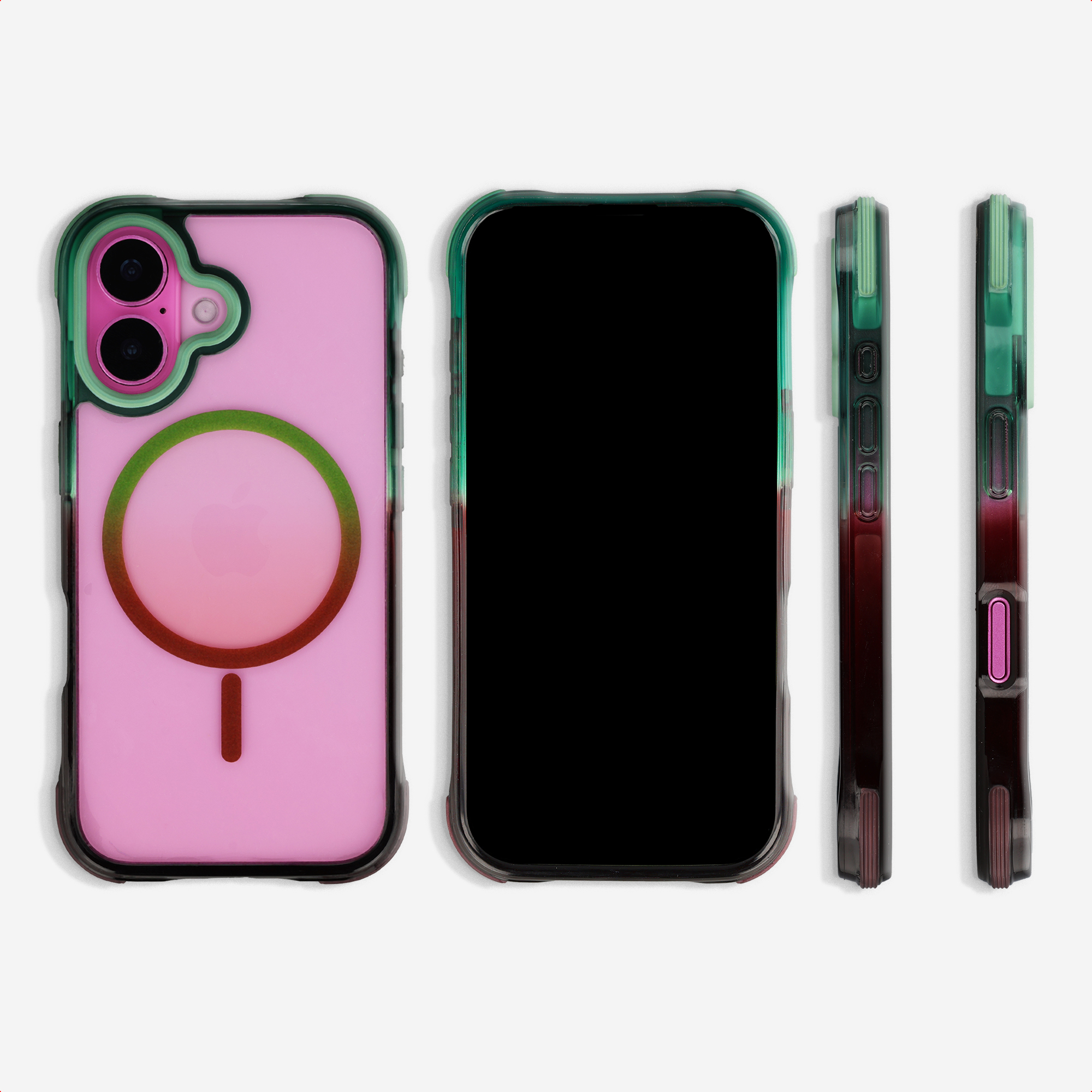 Rosa iPhone Hülle mit grünen Akzenten, MagSafe-Ring und Kameraaussparung.