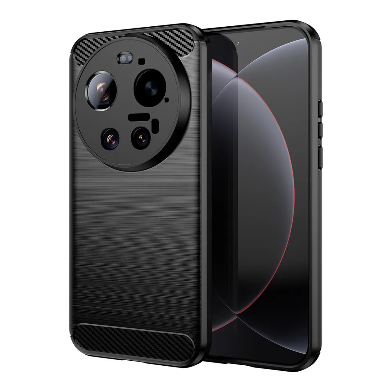 Coque de téléphone noire avec dos texturé et boîtier multi-lentilles.