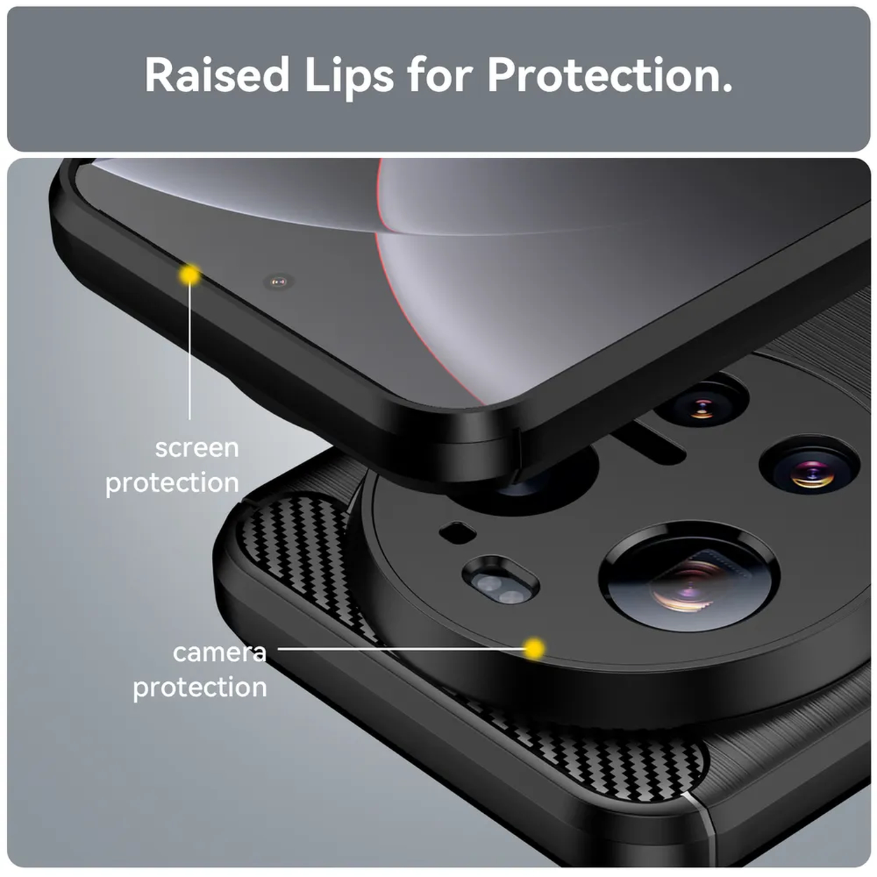 Coque de téléphone noire montrant des bords surélevés pour la protection de l'écran et de l'appareil photo.