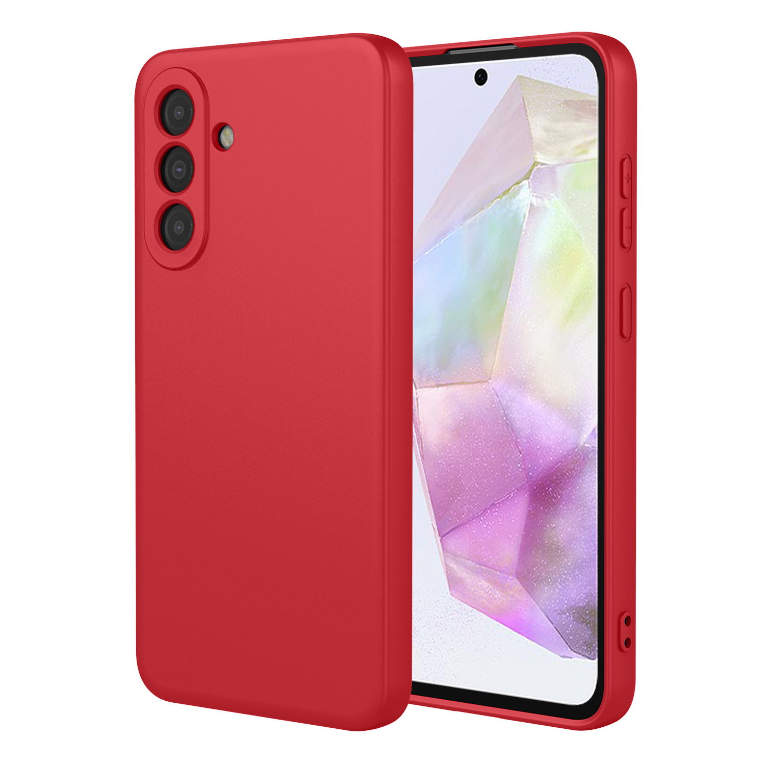 Une coque de téléphone rouge avec découpe triple caméra est à côté d'un smartphone.