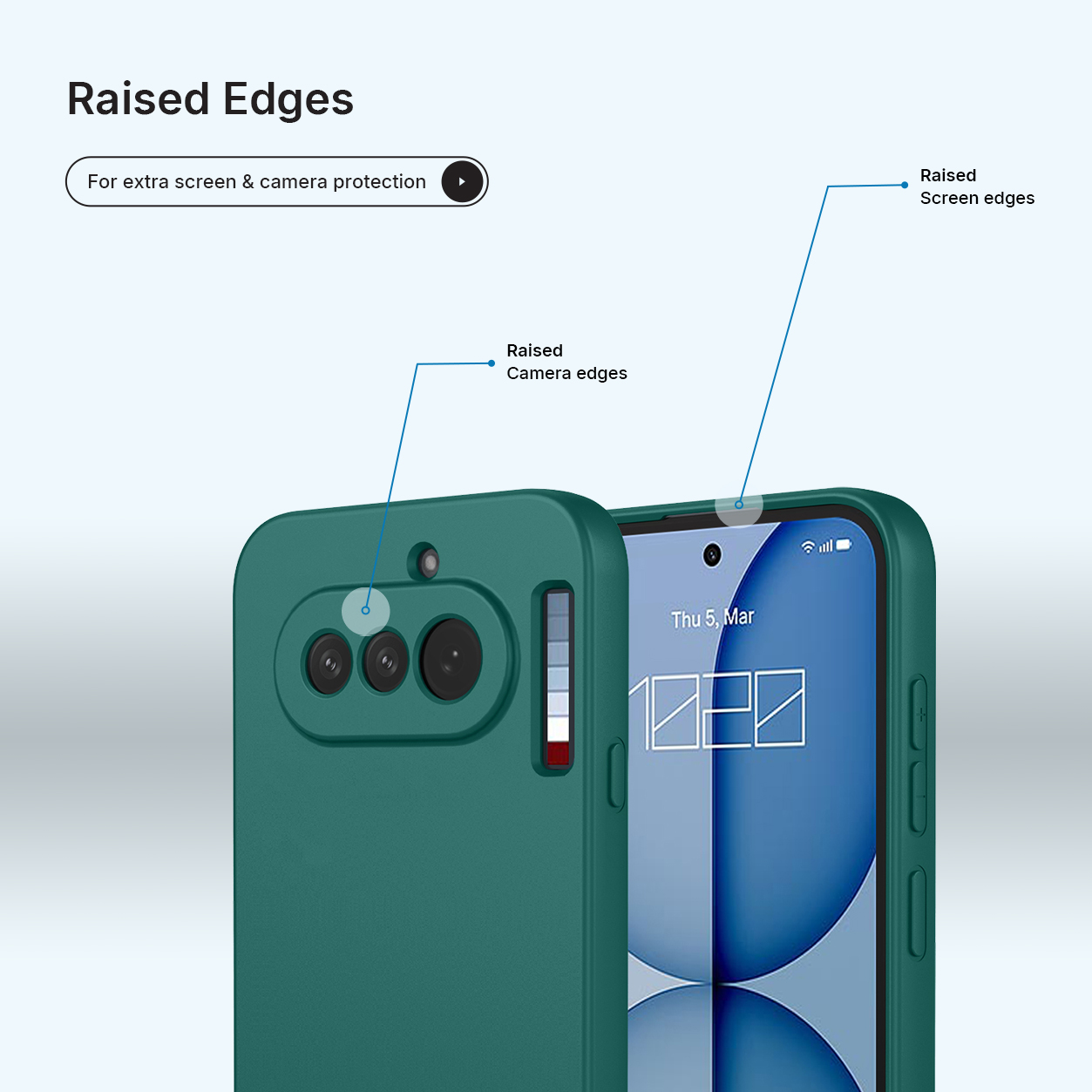 Coque de téléphone verte avec bords surélevés pour protéger appareil et écran.