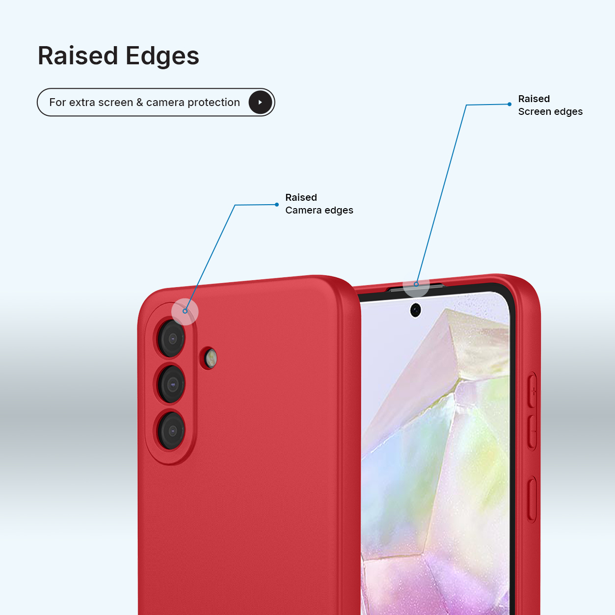 Coque de téléphone rouge avec bords surélevés pour protéger l'appareil photo et l'écran.
