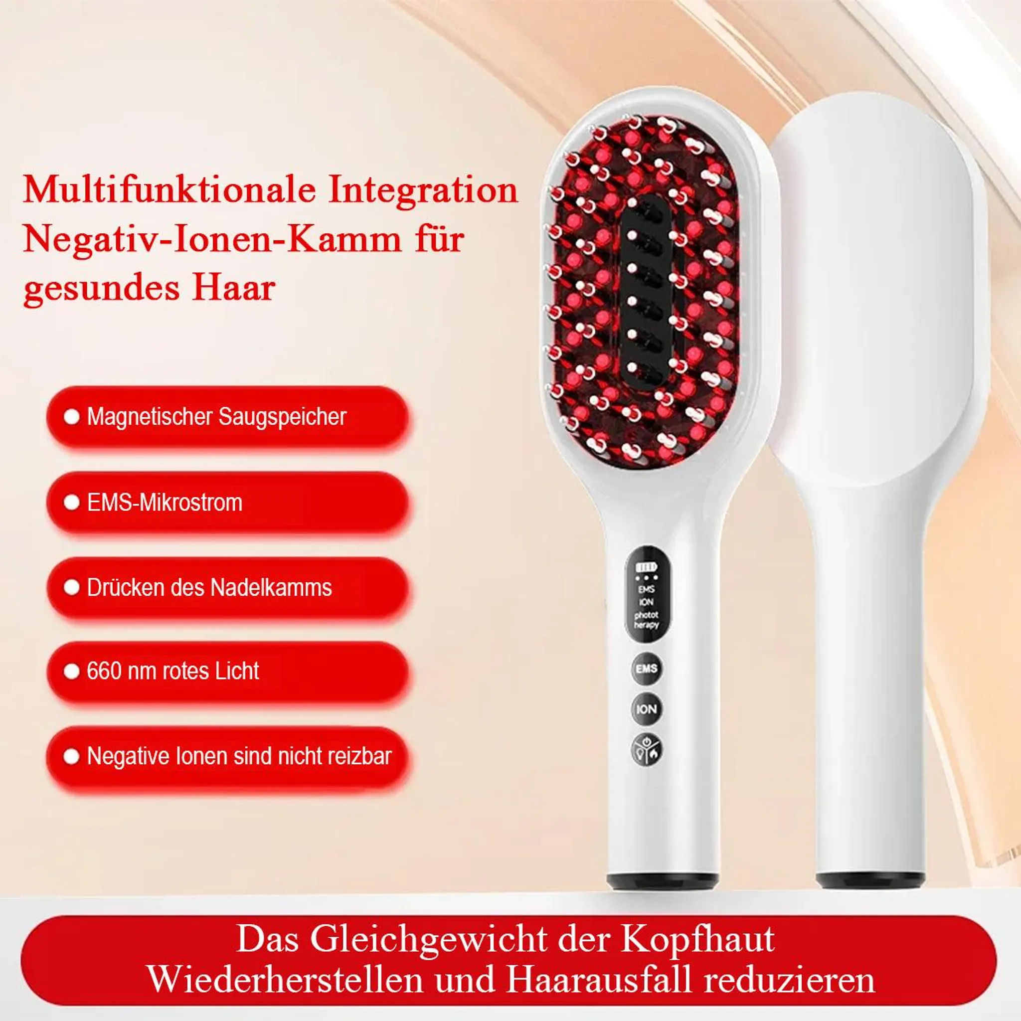 Ein weißer Haarkamm mit roten Borsten und Bedienelementen, links sind Funktionen aufgelistet.