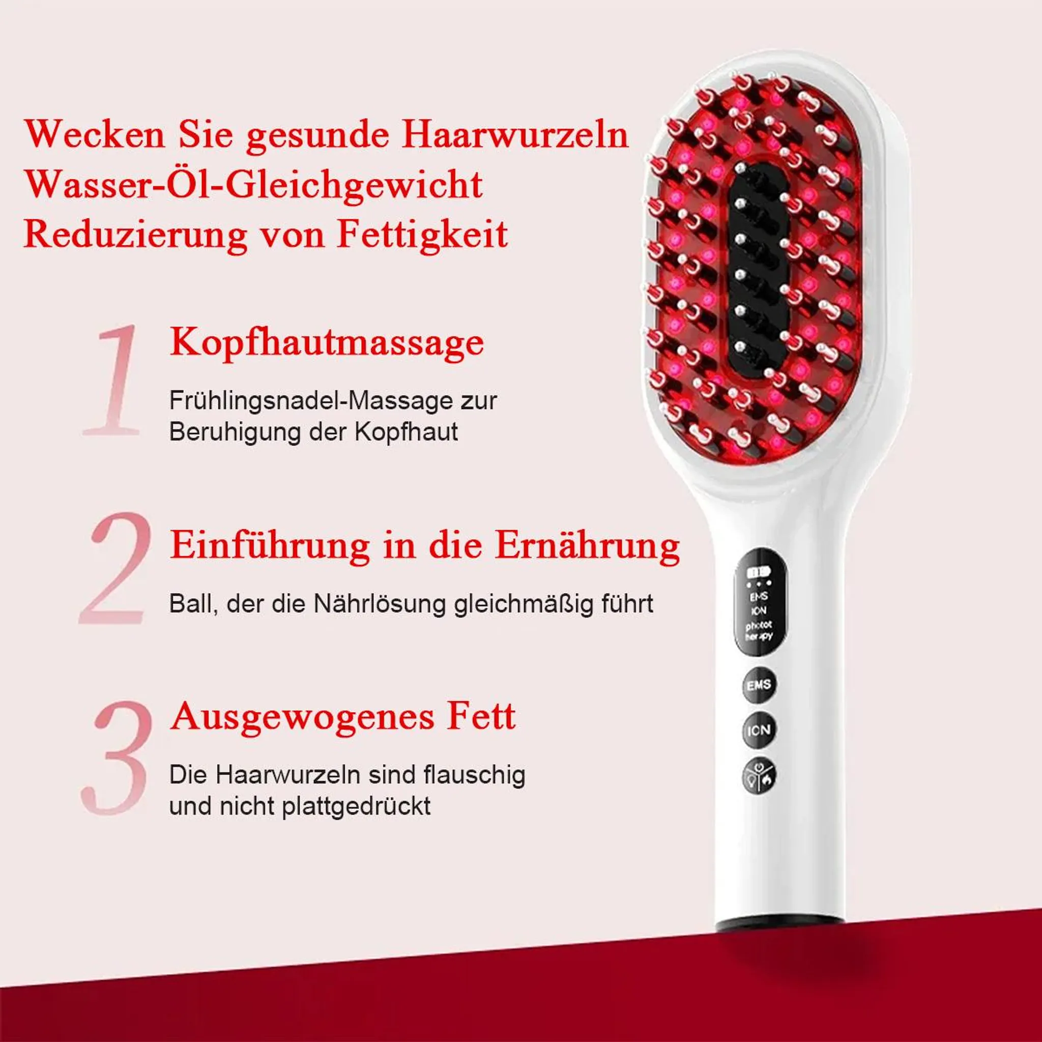 Ein weißer Kamm mit roten LEDs und drei nummerierten Punkten, die Vorteile beschreiben.