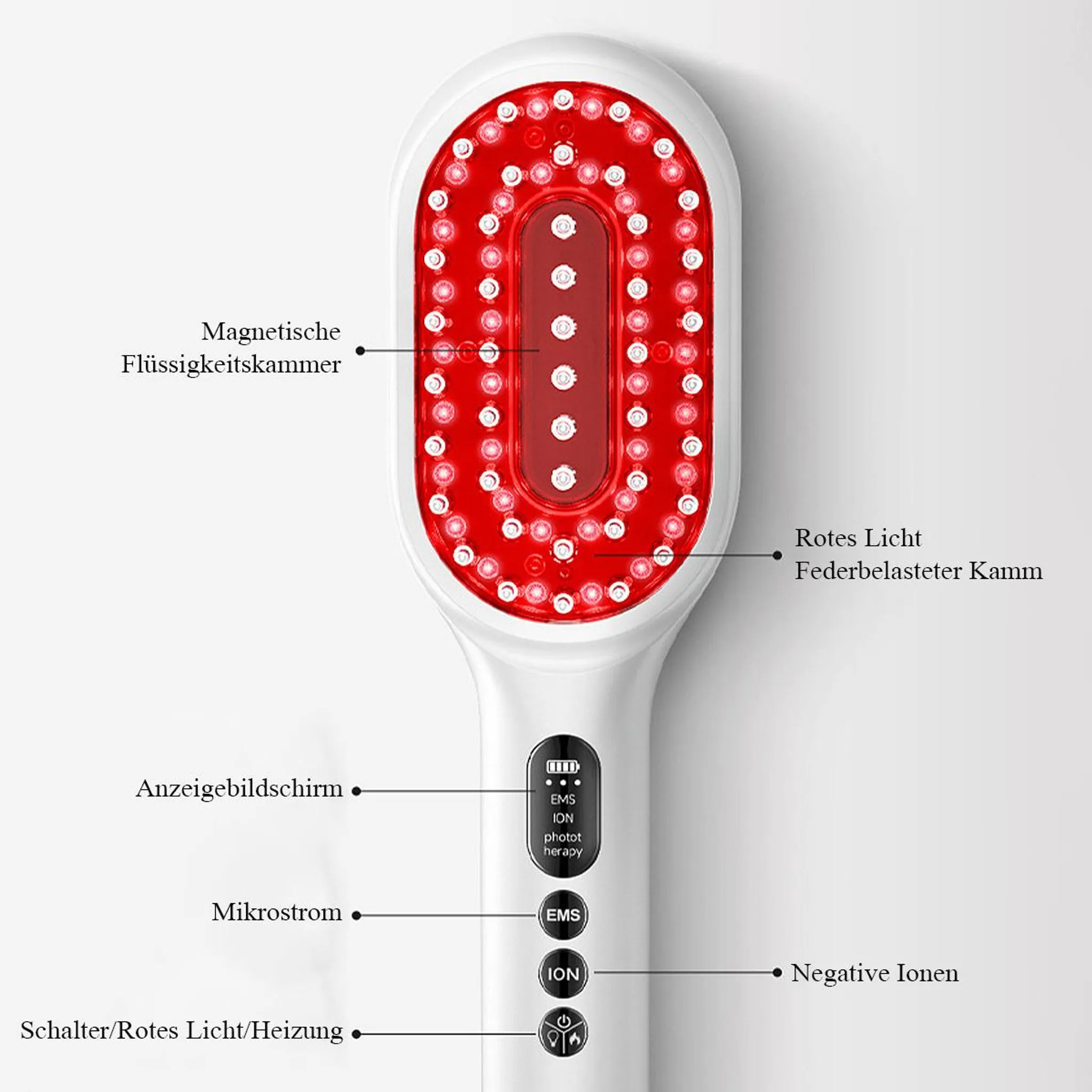 Ein weißer Massagekamm mit roten LEDs und Beschriftungen für Funktionen.