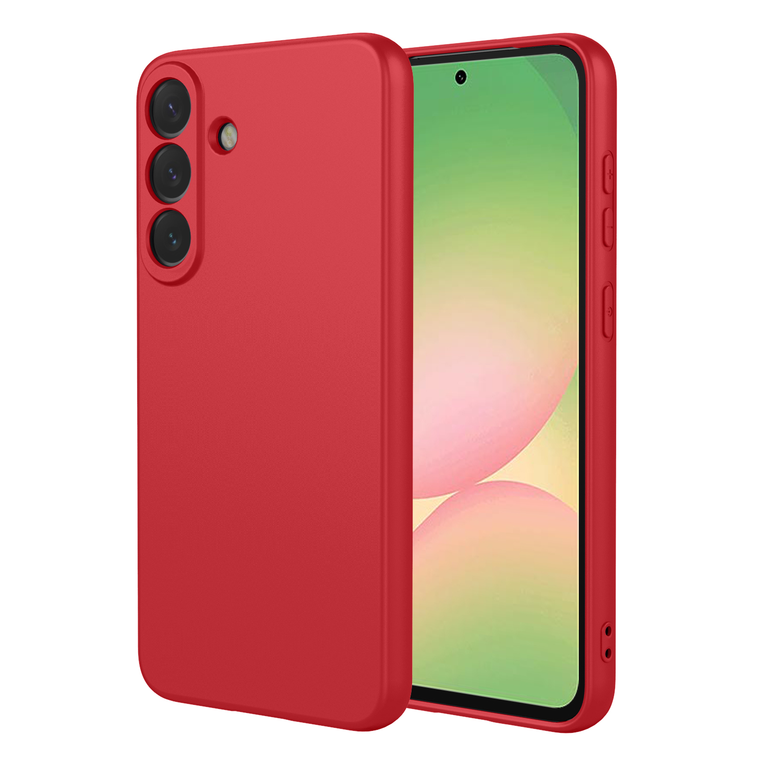 Red phone case with three camera lenses and a smartphone with green background.