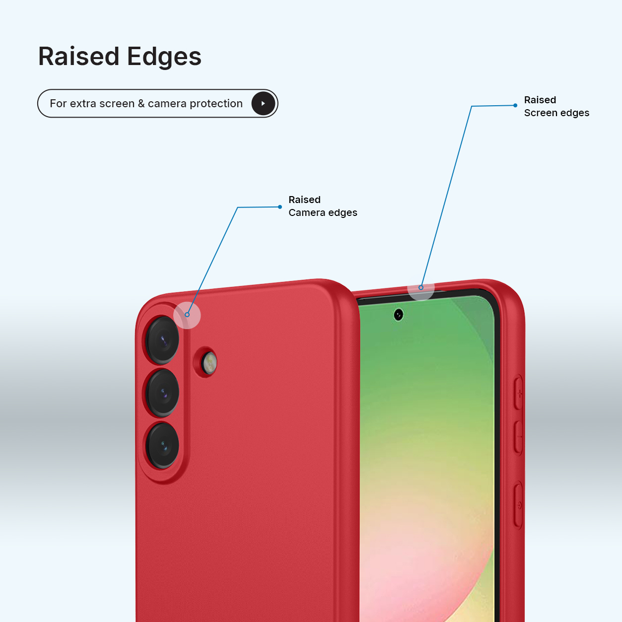Red phone case with raised edges for camera and screen protection.