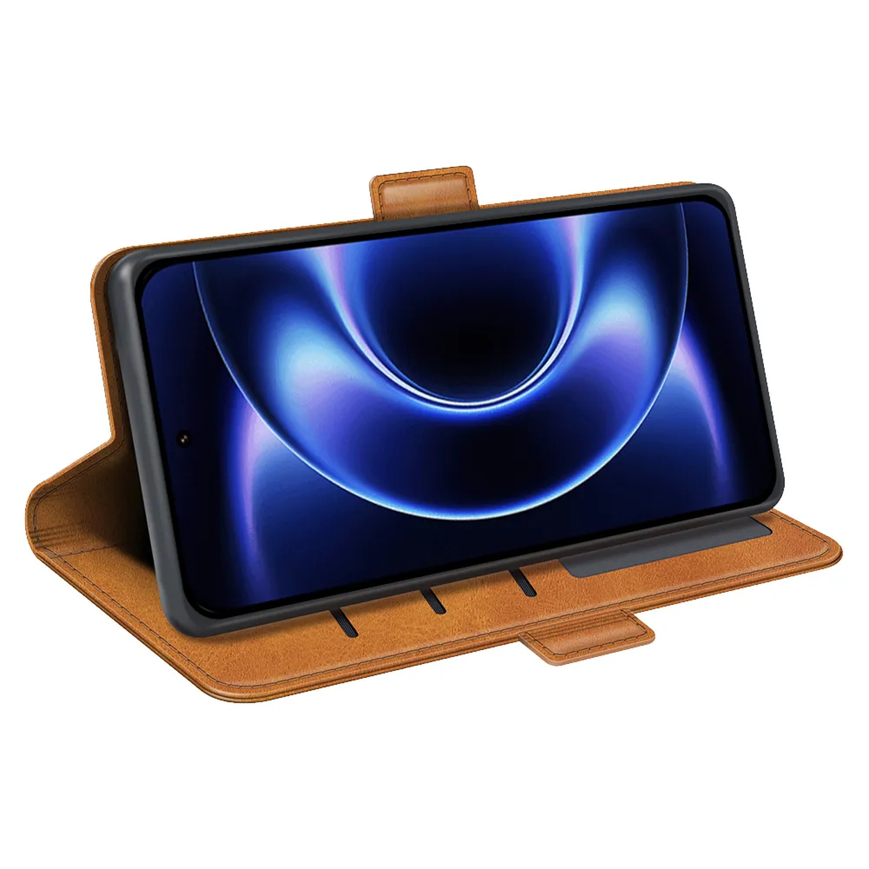 Bruine leren flipcase voor smartphone met blauw behang.