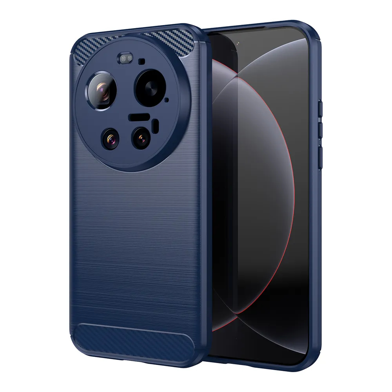 Coque de téléphone bleu foncé texturée brossée avec agencement complexe d'objectifs.