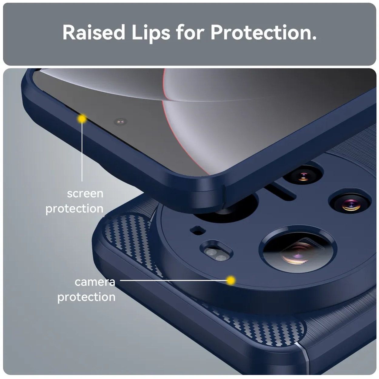 Coque de téléphone bleu foncé avec bords surélevés pour protéger l'écran et l'appareil photo.