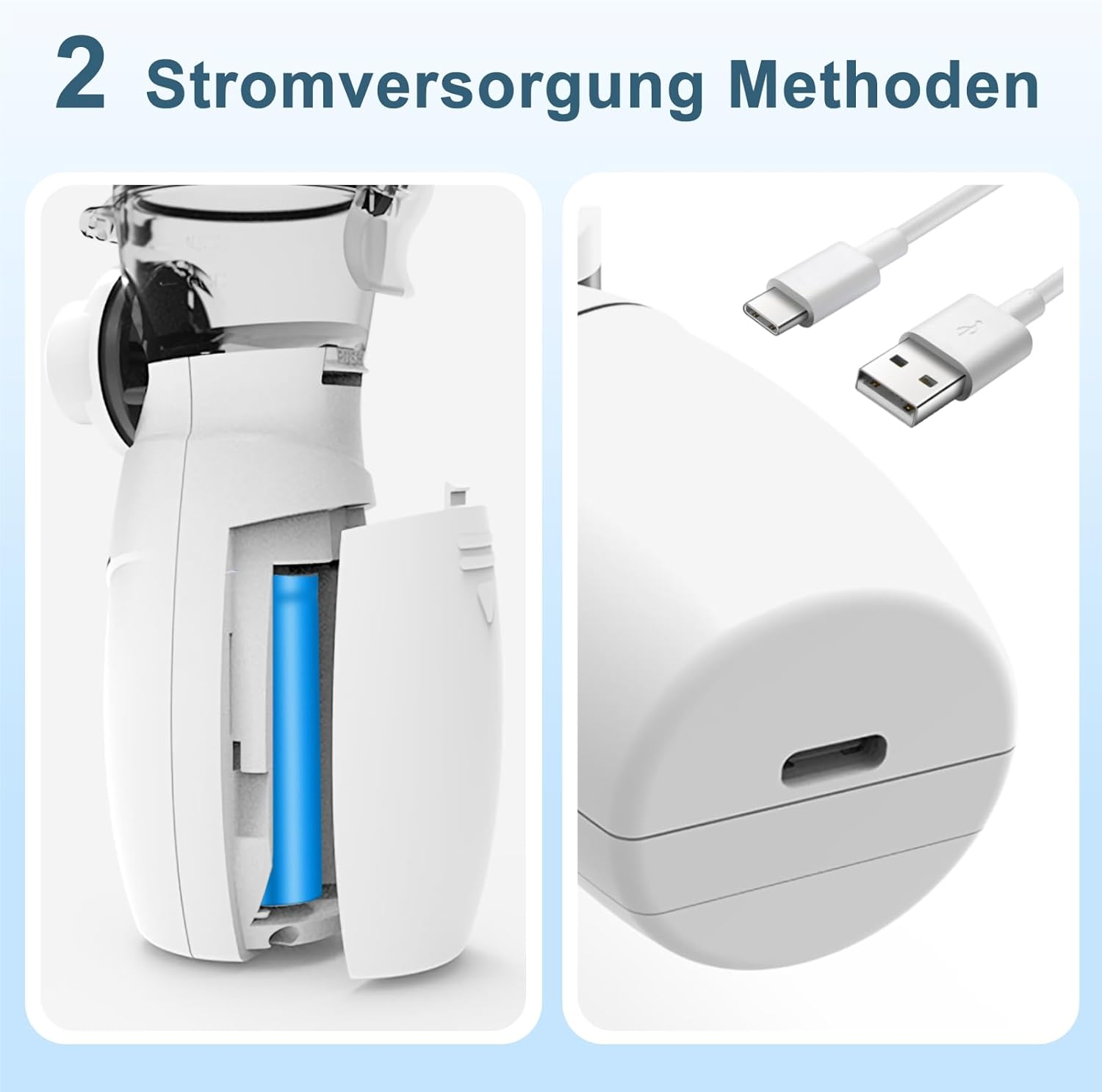 Ein weißes Gerät mit offenem Batteriefach und einer blauen Batterie. daneben ein Ladegerät mit USB-C und USB-A Kabeln.