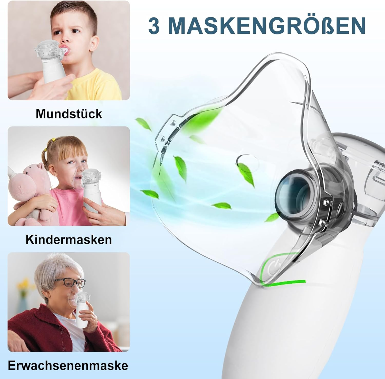 Drei Maskengrößen: Mundstück, Kindermaske und Erwachsenenmaske im Nahaufnahme.