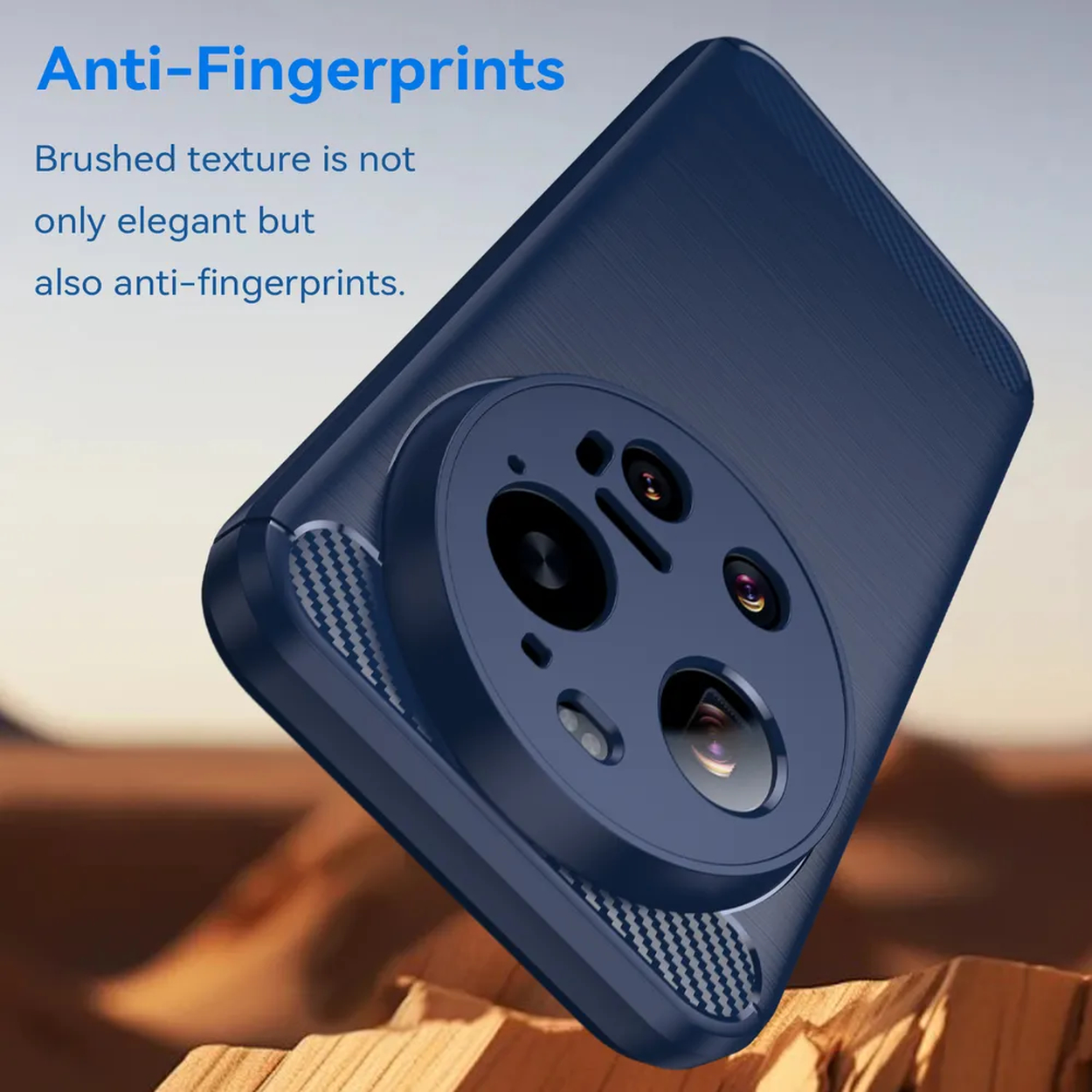 Une coque de téléphone bleu foncé à texture brossée et module caméra.