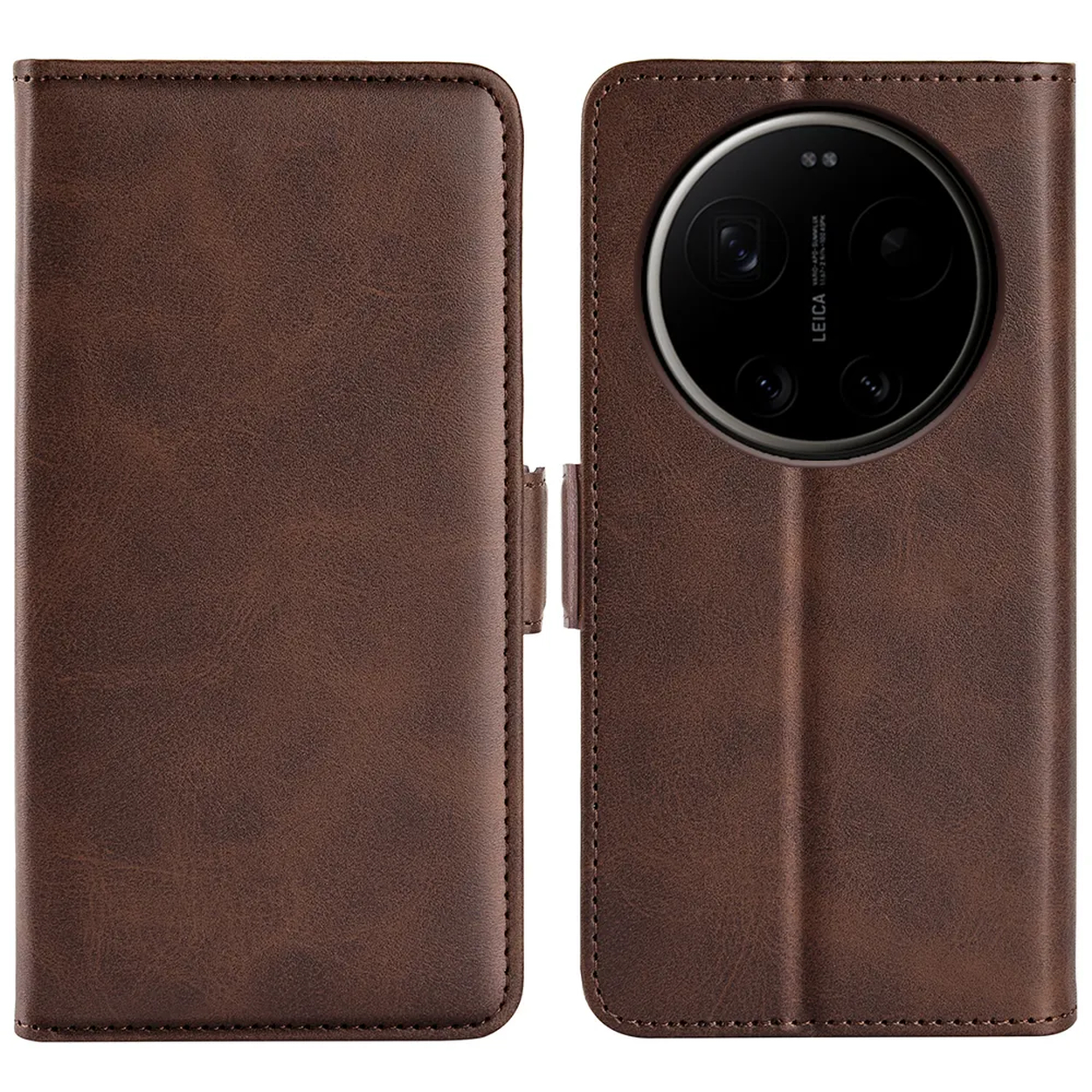 Bruine leren flipcase met camera-uitsparing, gesloten.