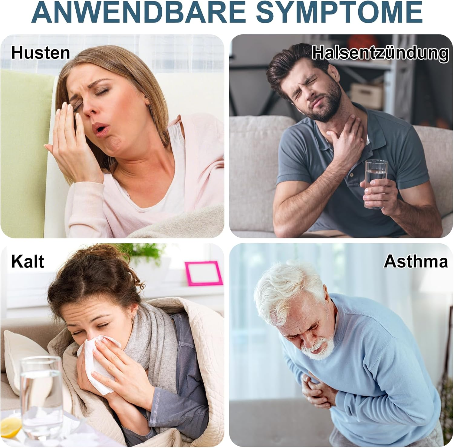 Vier Personen zeigen Symptome: Husten, Halsschmerzen, Schnupfen und Atemnot.