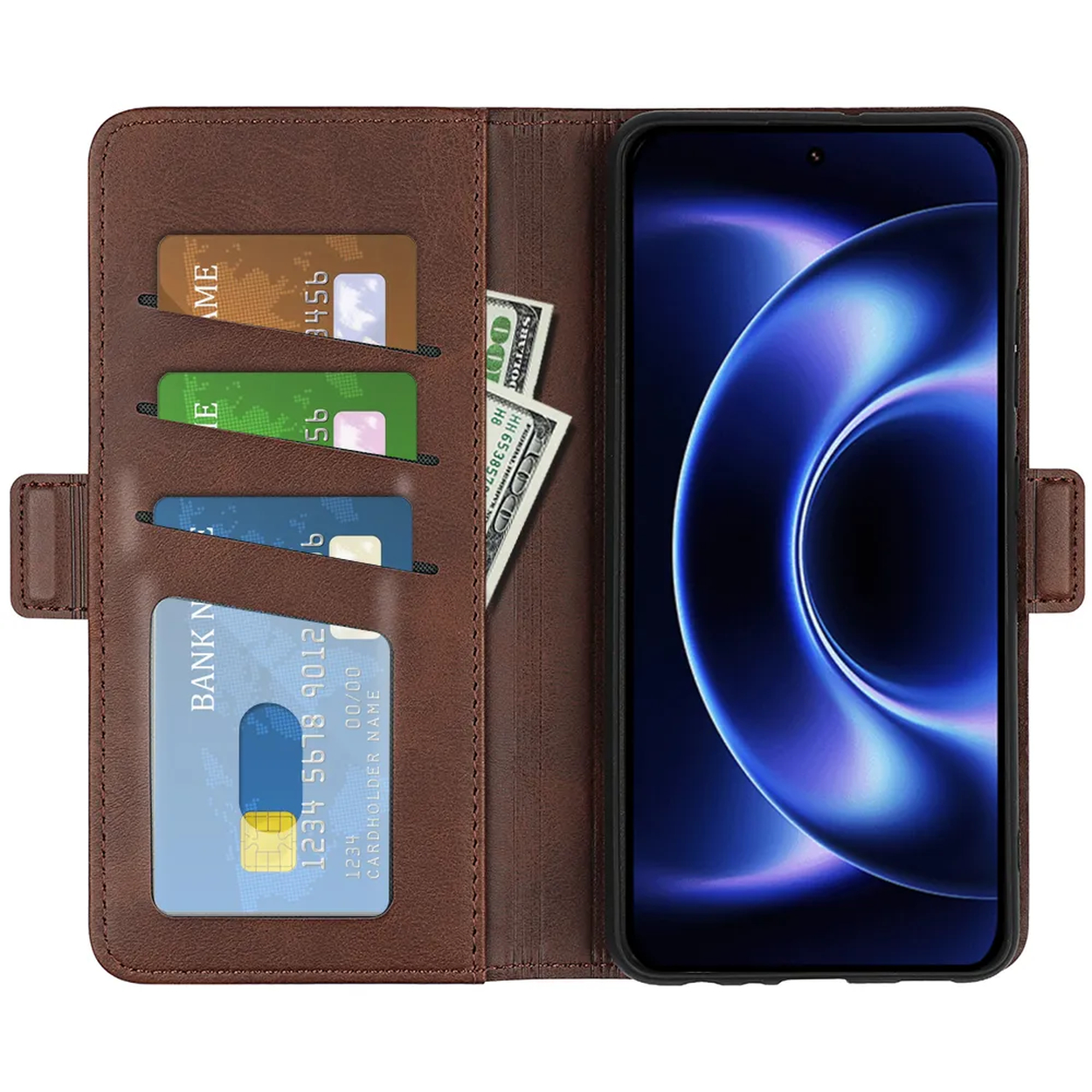 Bruine portemonneehoes met telefoon, creditcards en dollars.