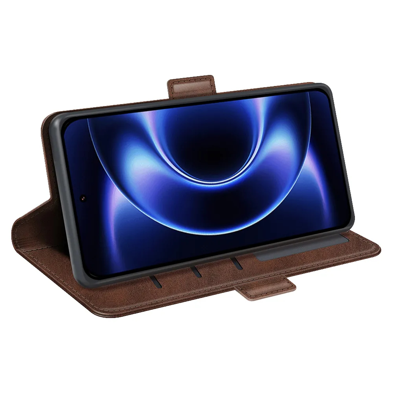 Bruine leren flipcase voor smartphone met blauwe abstracte achtergrond.