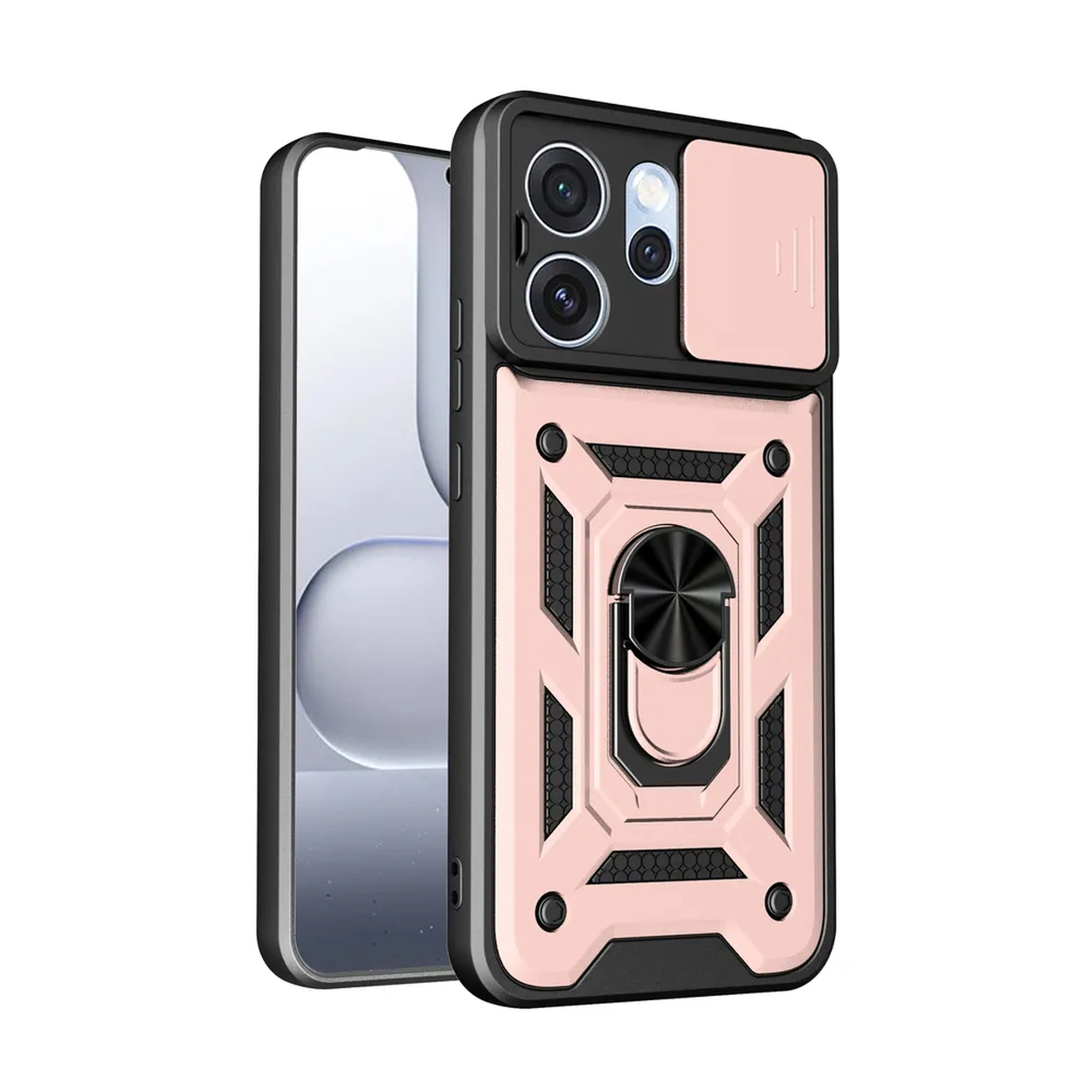Une coque de téléphone rose avec cache-objectif et support anneau.