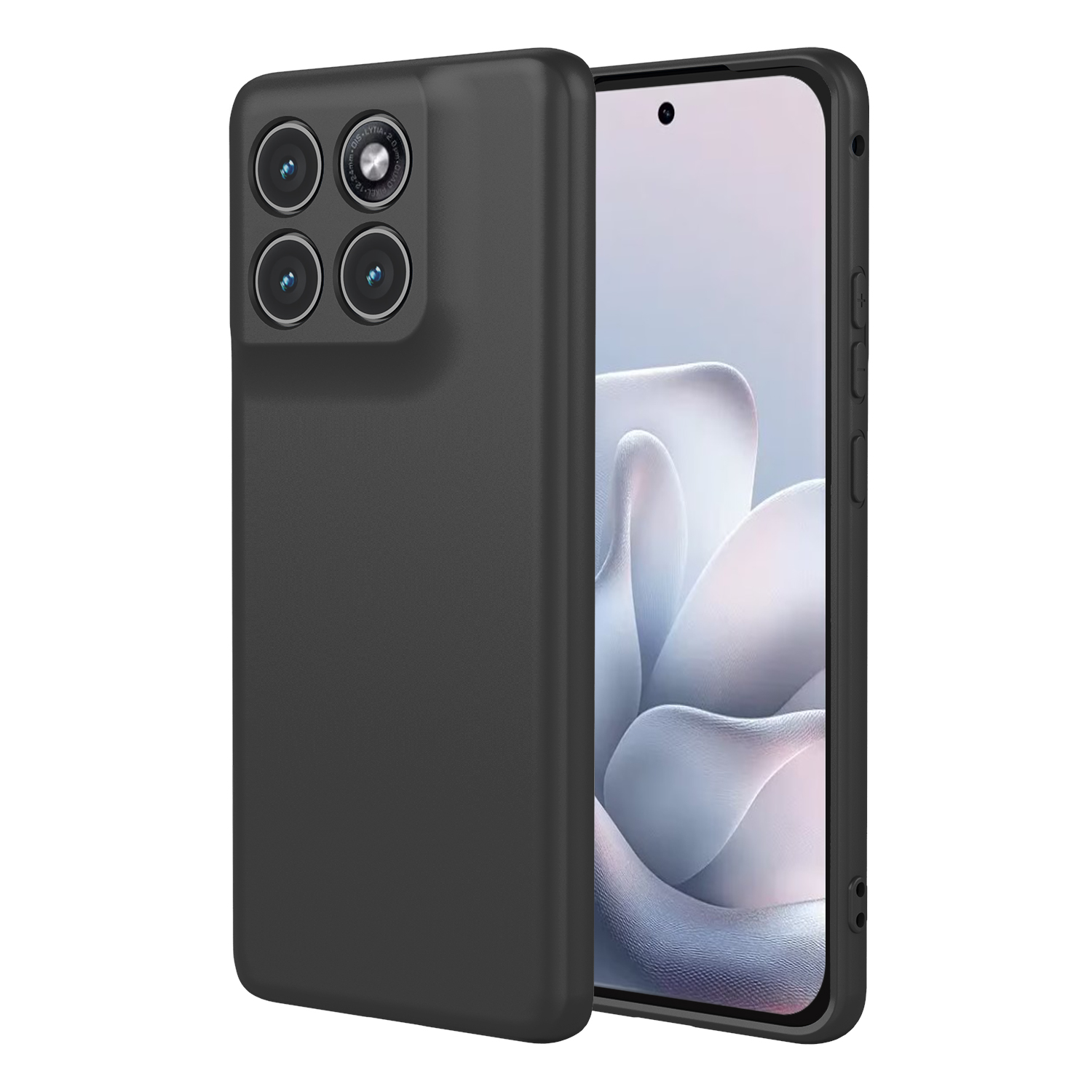 Zwarte smartphone met quad camera en witte achtergrond met bloempatroon.