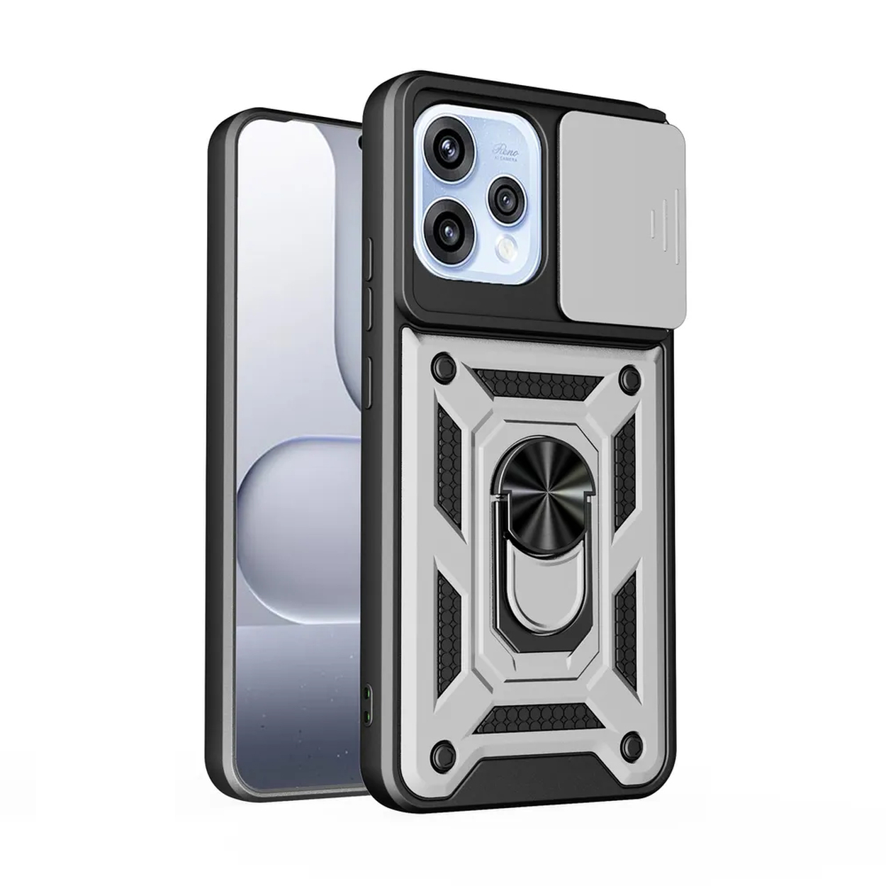 Une coque de téléphone noire et argentée avec support anneau et cache caméra.