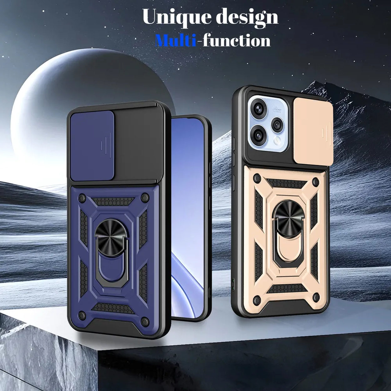 Deux coques de téléphone : bleue avec cache coulissant caméra noir et anneau.