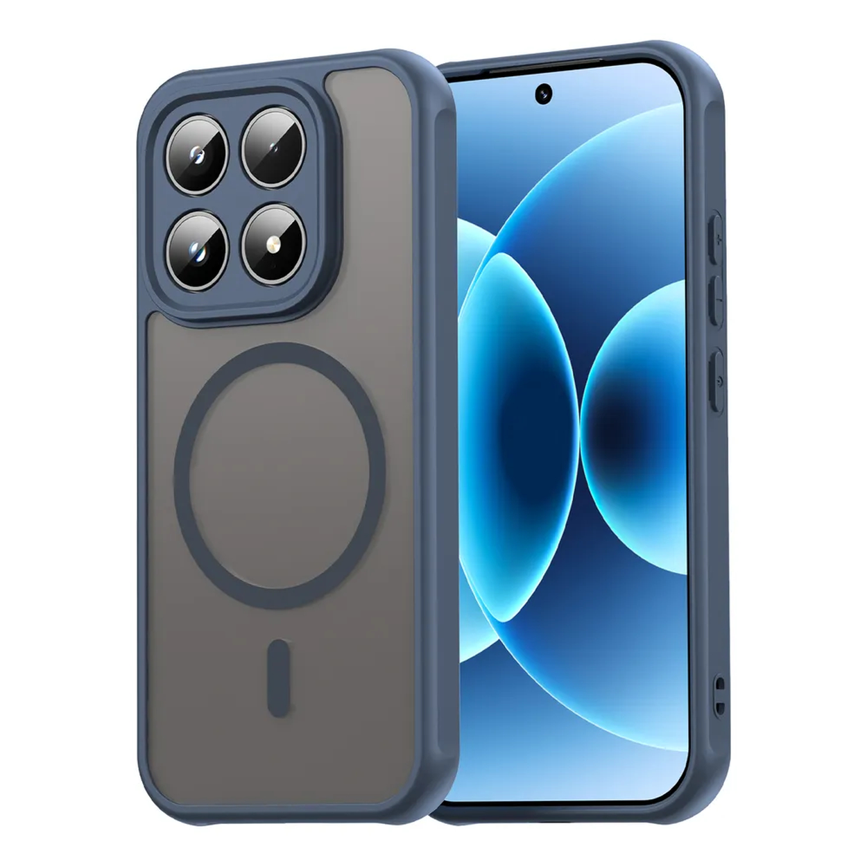 Een blauwe telefoonhoes met transparante achterkant en vier camera's.