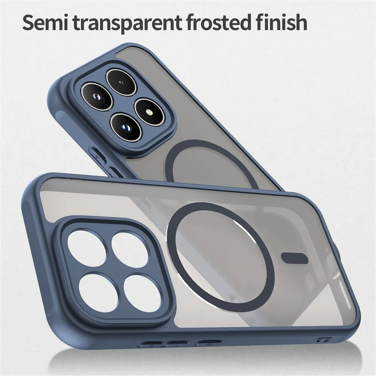 Twee blauwe semi-transparante telefoonhoesjes met matglas afwerking. Eén toont cameralenzen, de andere een magneetring.