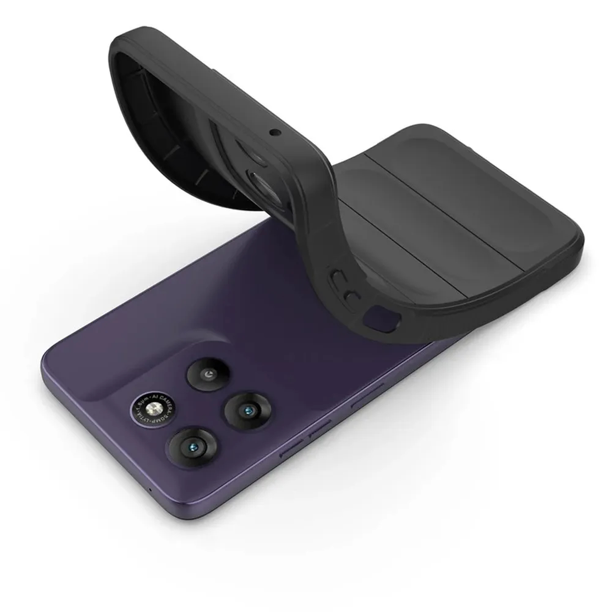 Un smartphone violet avec un étui de protection noir qui se plie.