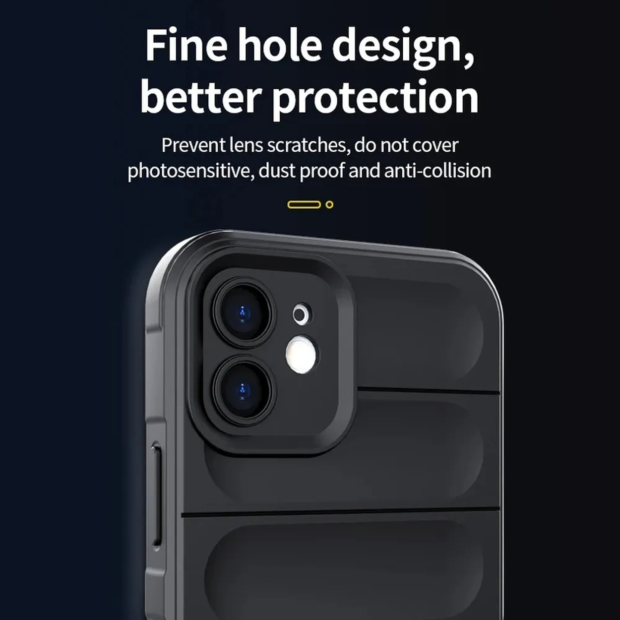 Coque de téléphone noire avec objectifs de caméra et texte.