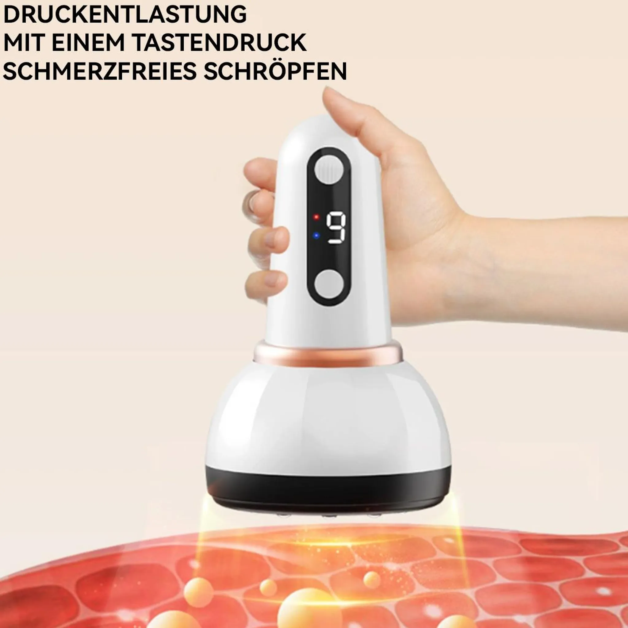 Ein Gerät mit Display wird von einer Hand gehalten, über rotem Gewebe.