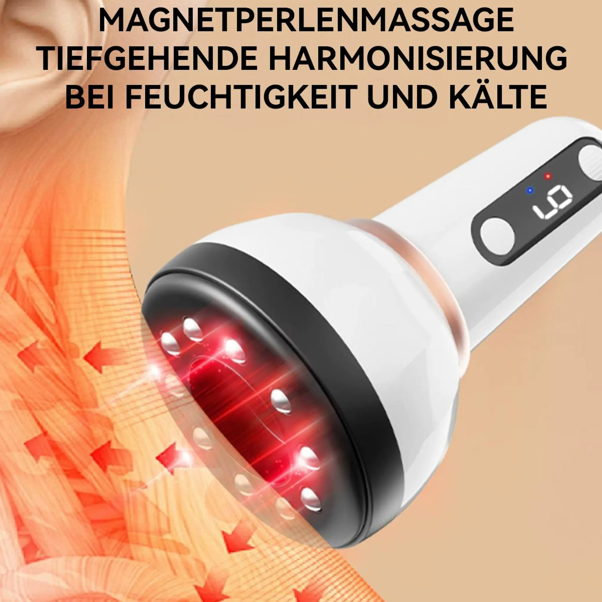 Ein Massagegerät mit roten Lichtern auf Haut, die von Pfeilen durchzogen wird.