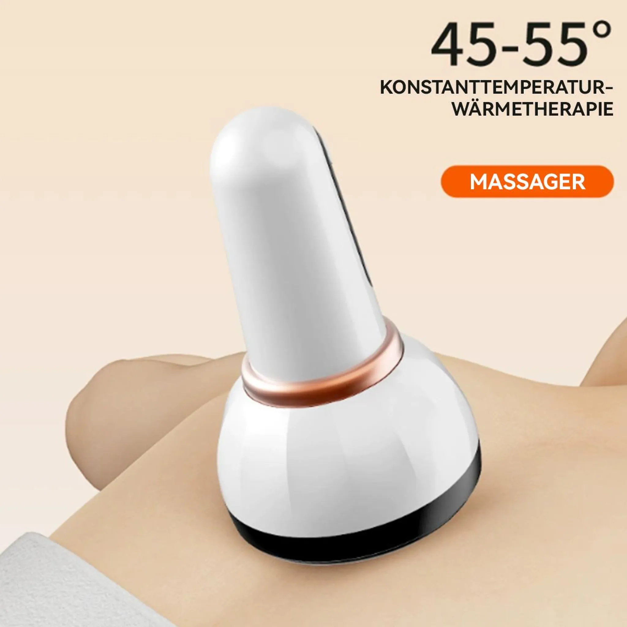 Ein weißer Massagestab auf Haut mit Temperaturangabe und "Massager"-Knopf.